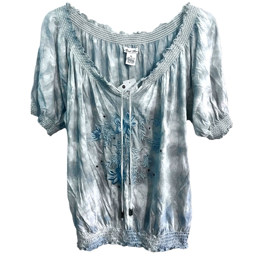 Adobe Star Artsy Boho‎ Tie Dye Short Sleeve Shirt Blue Embroidered Smocked XL